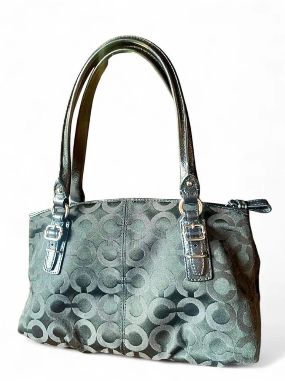 Vintage Coach Mia Op Art Signature Satchel Bag Black Teal Lining